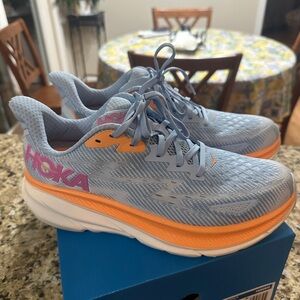 HOKA Women's Running Shoes - Clifton- Light Blue and Orange